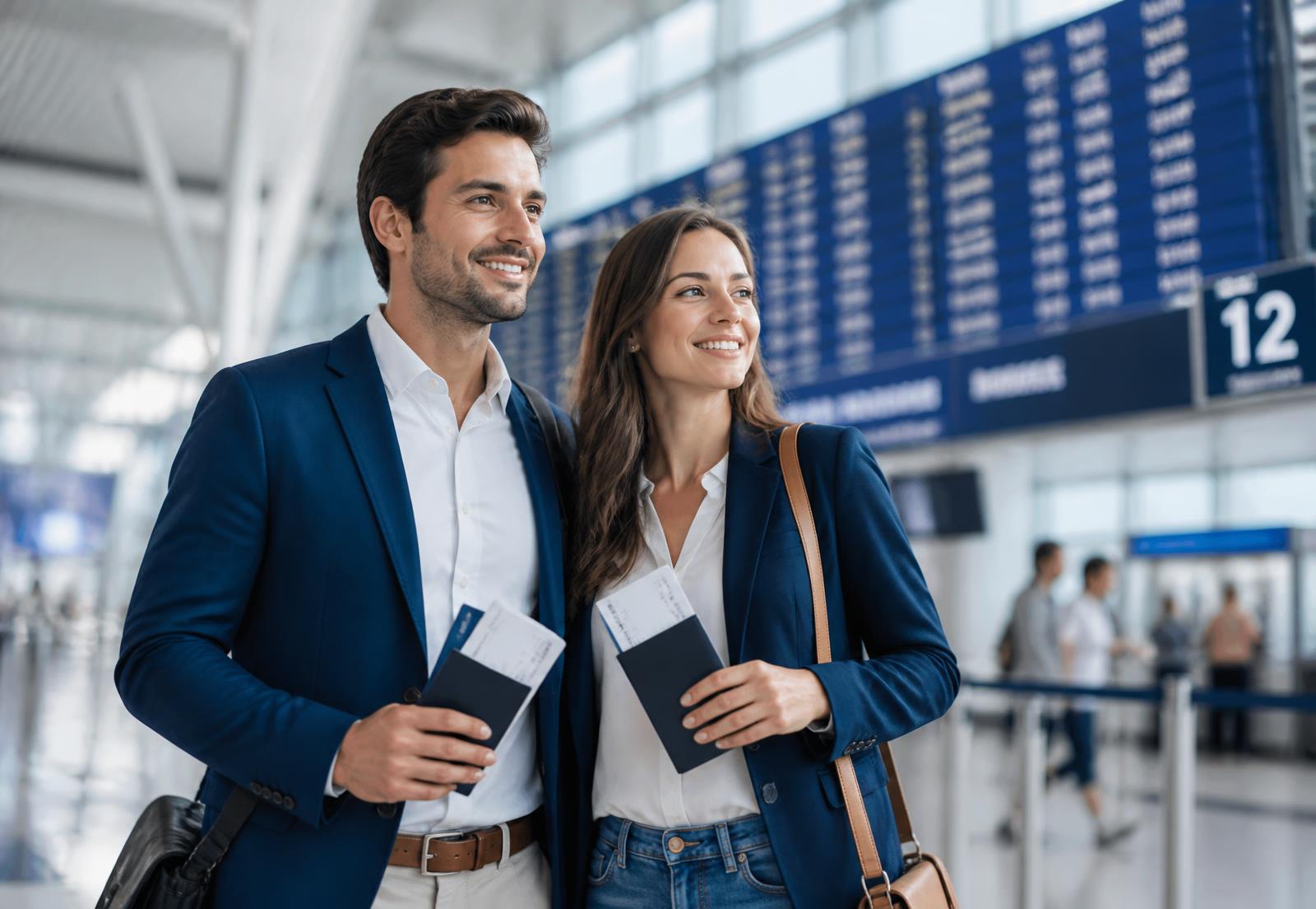 Pareja de viajeros con pasaportes en el aeropuerto